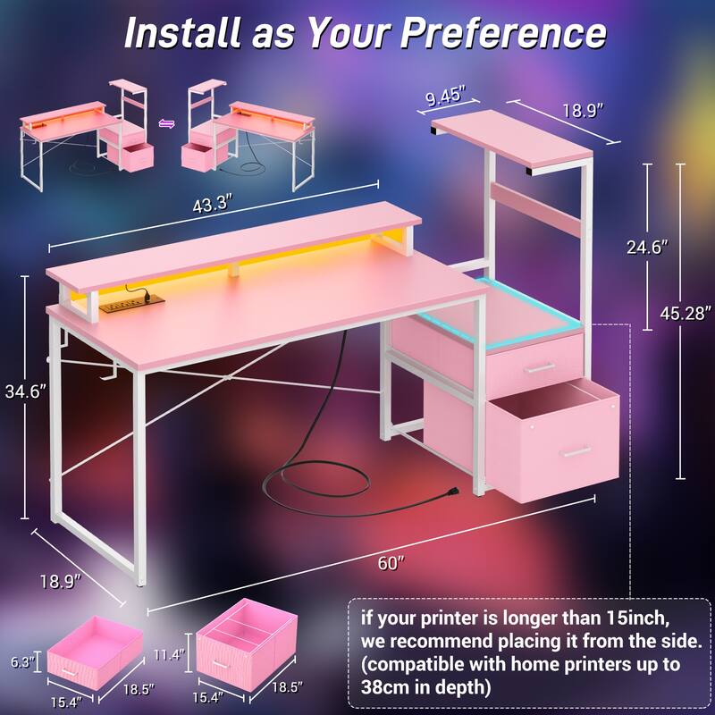 60'' Reversible Gaming Desk with Monitor Stand & Fabric Drawers，Home Office Computer Desk with RGB LED Strip & Power Outlets