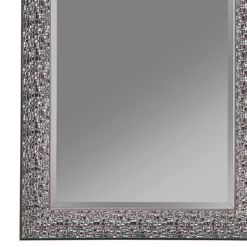 Rectangular Beveled Accent Floor Mirror with Glitter Mosaic Pattern, Gray