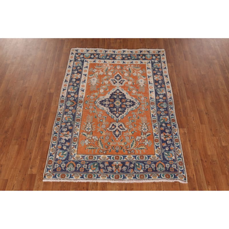 Hand Knotted Oriental 100% Wool Carpet Traditional Floral Oranges & Rust Tabriz Area Rug - 6' 0'' X 4' 4''