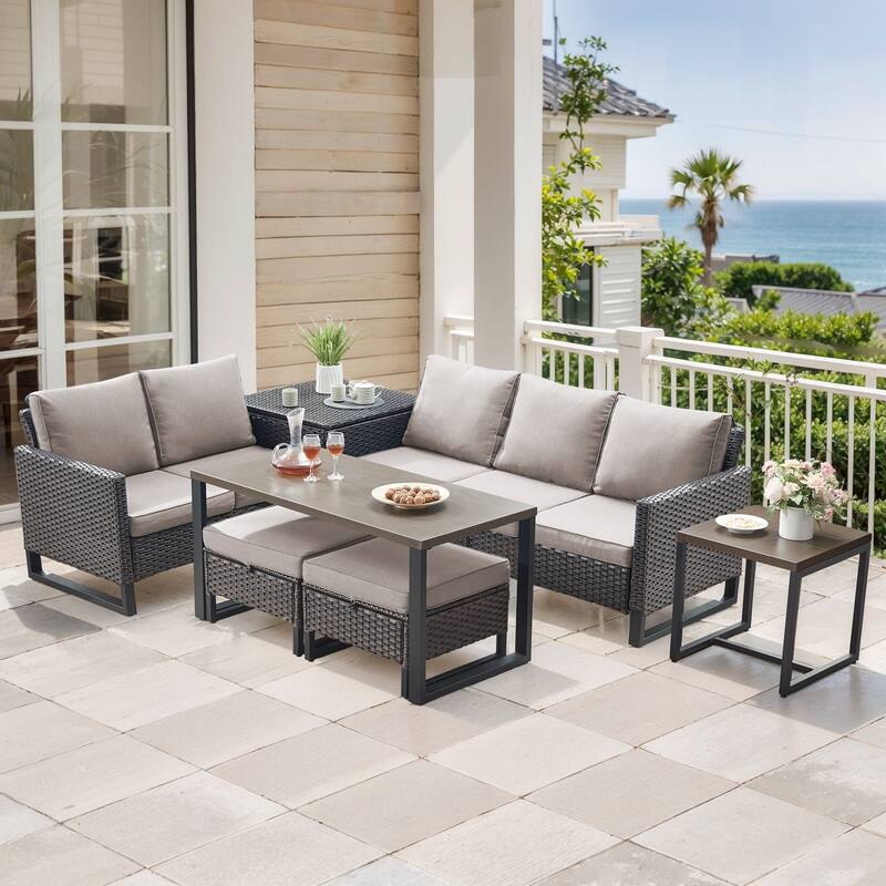Gymojoy 5 Person All-Weather Wicker Outdoor Conversation Set Seating Group With Side Table And Ottomans