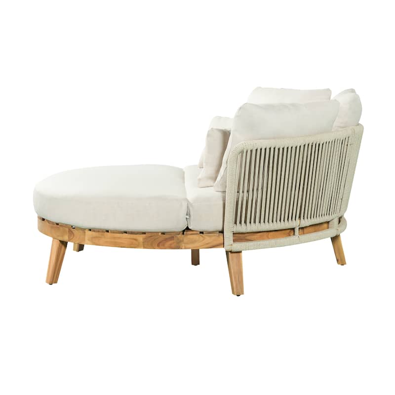 Christopher Knight Home - Martin 60" Outdoor Round Acacia Wood Daybed with Handwoven Rope Backrest & Cushions