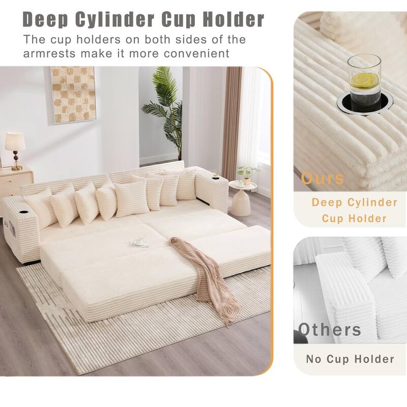 110.75" Corduroy Sectional Sofa, Convertible Sleeper Sofa Bed L-Shaped Upholstered Couch with Removable Footstool, Cup Holder