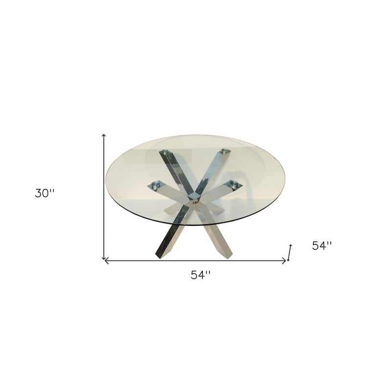 HomeRoots 54" Clear and Silver Glass and Metal Cross Leg Base Round Top Dining Table - 54.00 in. x 30.00 in. x 54.00 in.