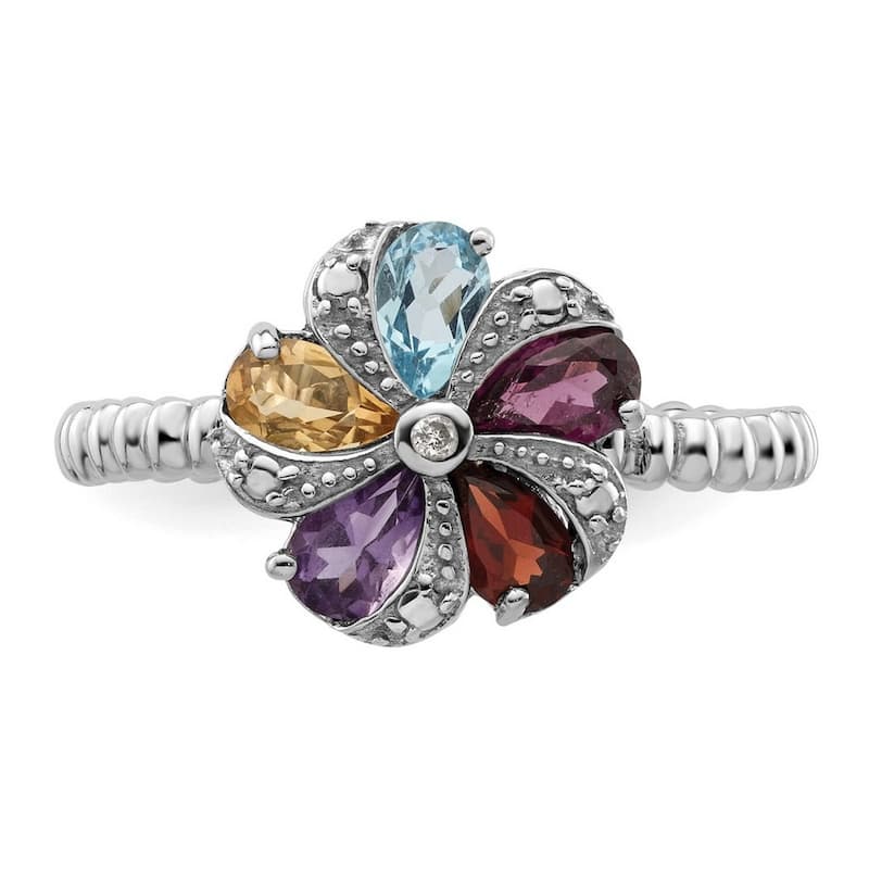 Curata 2.25mm 925 Sterling Silver Polished Prong set Stackable Expressions Gemstone and Diamond Ring