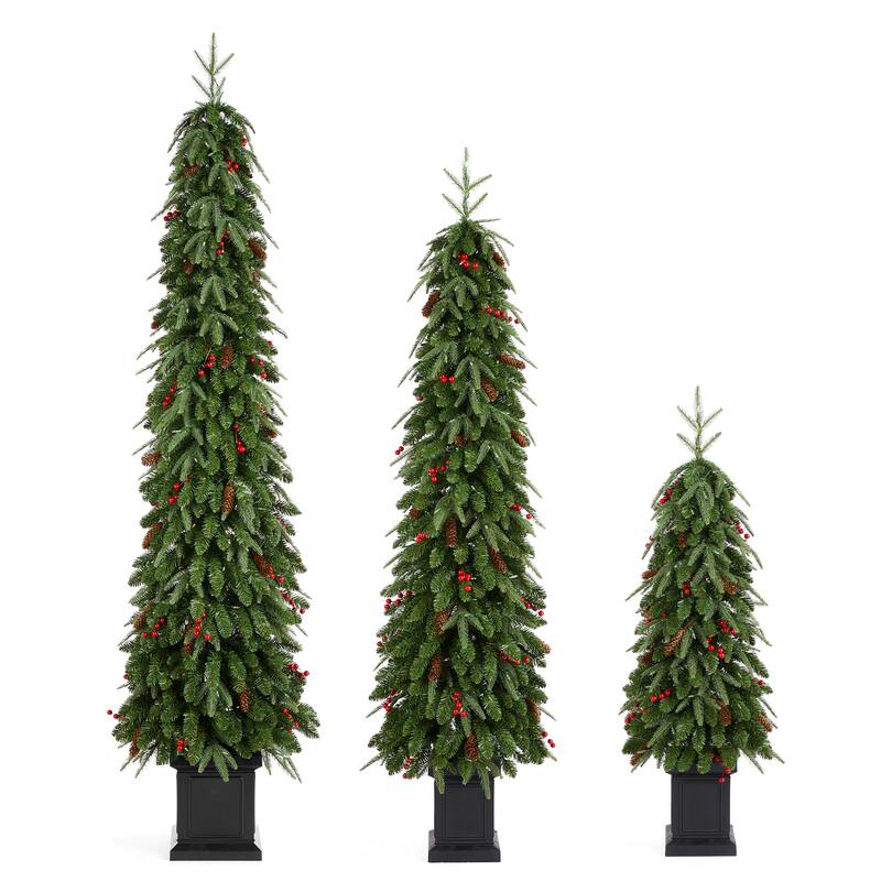 3 Piece 4ft&6ft&7ft Pre-lit Artificial Christmas Tree with Red Berries, Pinecones and LED Lights Porch Decor by Glitzhome