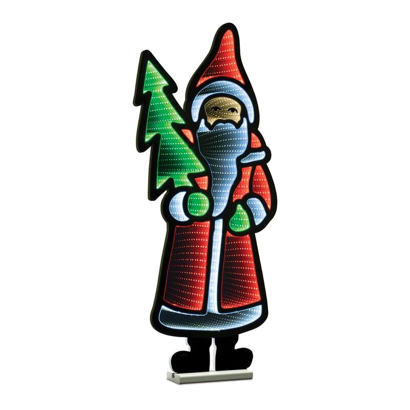 Acrylic Plastic Santa with Pine Tree and Infinity Light Effect - 15.25” x 2.75” x 33” (L x W x H) - Green/White/Red