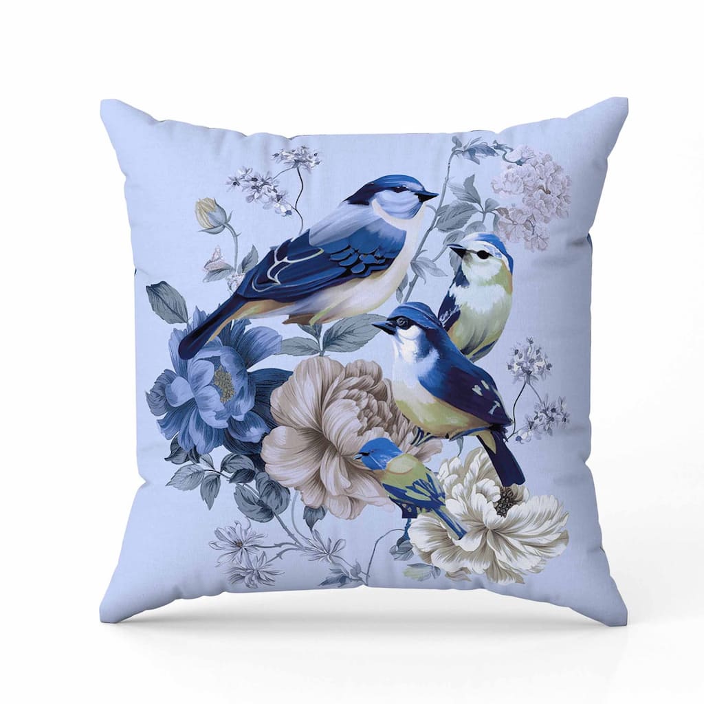 Petal Perched Birds Faux Suede Reversible Throw Pillow Skyblue and Lavender