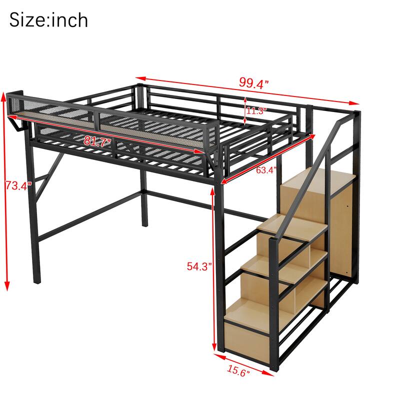 Heavy Duty Metal Storage Loft Bed with Bedside Shelf and Under Bed Storage, Iron High Loftbed Frame with Built In Wardrobe