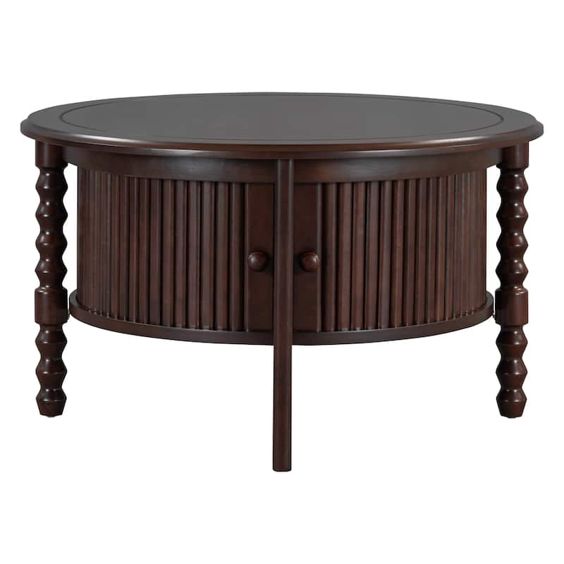 Round Slatted Coffee Table Accent Table with Storage Shelf, Modern Cocktail Table End Table with Sliding Door
