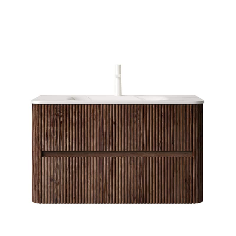 36" Bathroom Vanity & Sink, Floating Stripe Plywood Storage Cabinet with 2 Drawers, Integrated Rectangle Basin