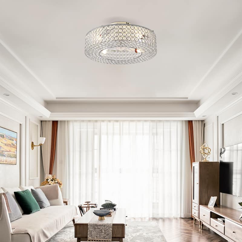 19.6'' Crystal Ceiling Fans with Remote, Flush Mount Ceiling Fan with Light, Chandelier Fan 6 Speed DC Motor Reversible