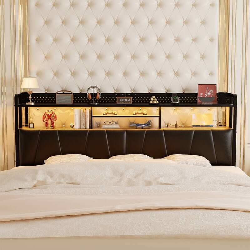 Upholstered Headboard with Pegboard and Charging Station, Storage Headboard Shelves and LED Light