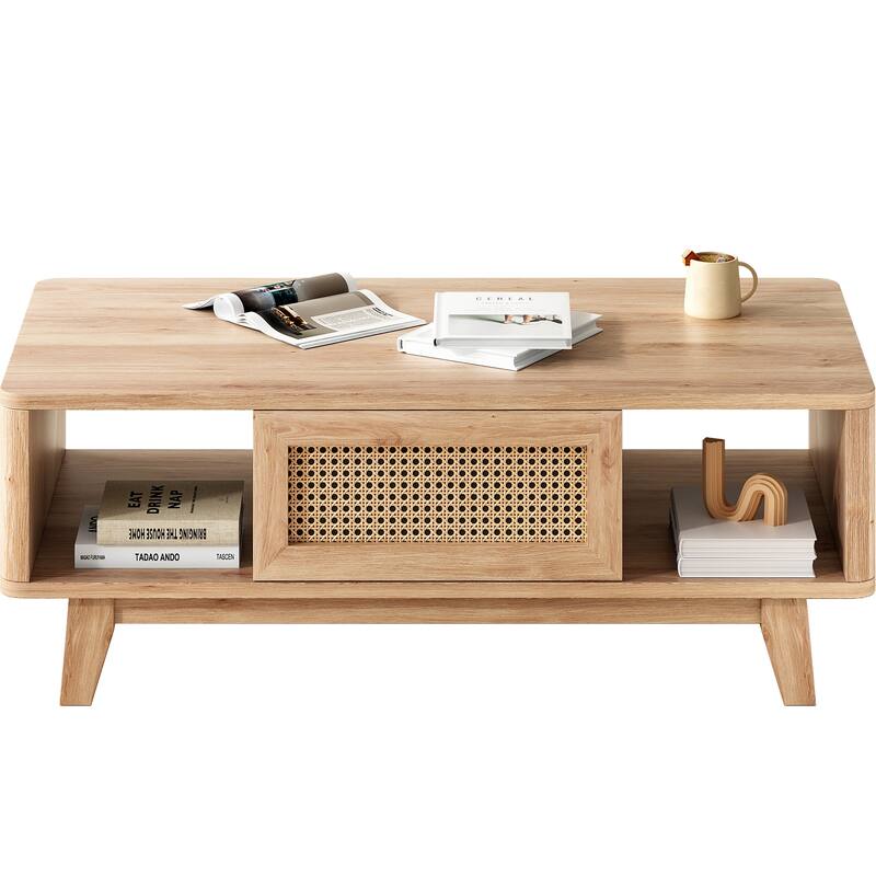 Mid Century Coffee Table with Storage, Modern Square with Rattan Drawer, Wooden Living Room Table with Solid Wood Leg - Natural