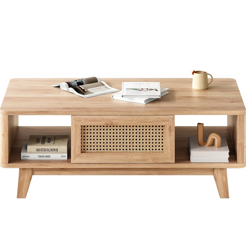 Wooden Cocktail Table Sofa Table, Coffee Table with Rattan Drawer, Modern Accent Table with Wood Legs