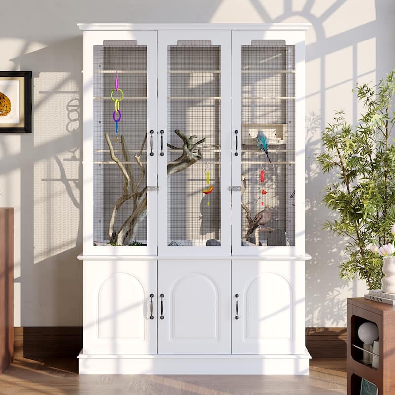 Large Wooden Bird Cage Cabinet with Storage, White Aviary Hutch with Black Metal Mesh, Tall Indoor Parrot Cage Furniture