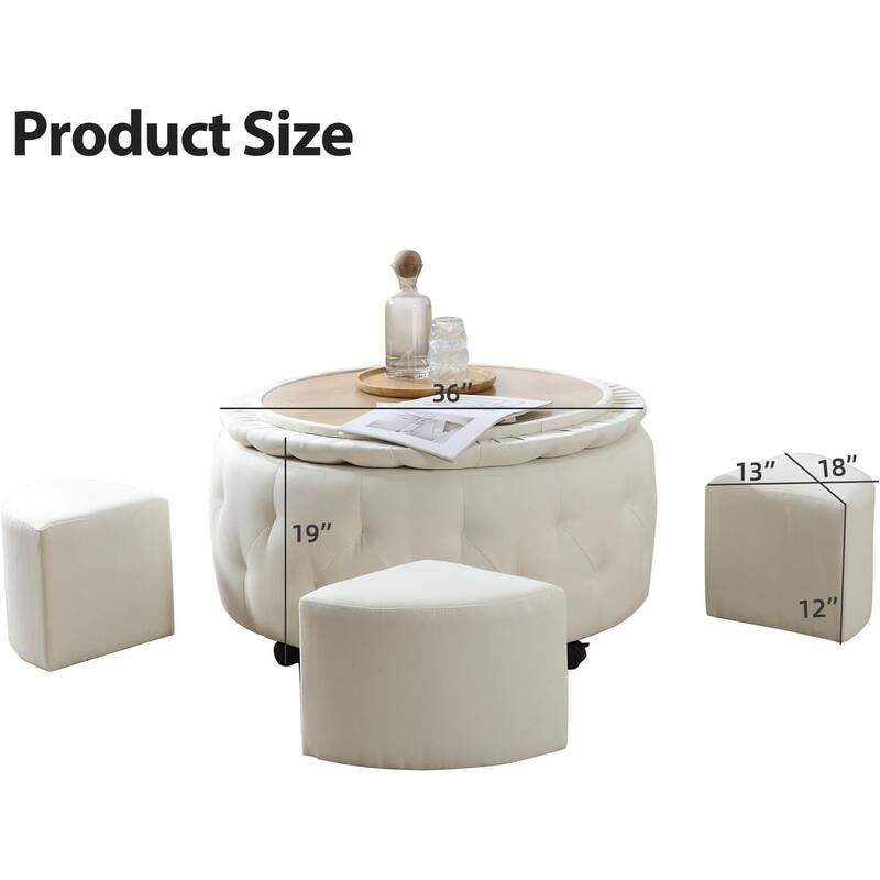 36" Wide Storage Ottoman Large with 4 Wheels,Rolling Ottoman with Removable Lid, Inside 4 Stools/Taborets