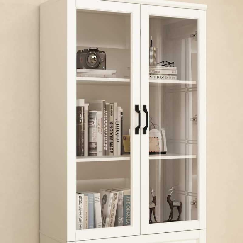 78.7" Large Combo Storage Cabinet Display Bookcase Glass Doors Pantry