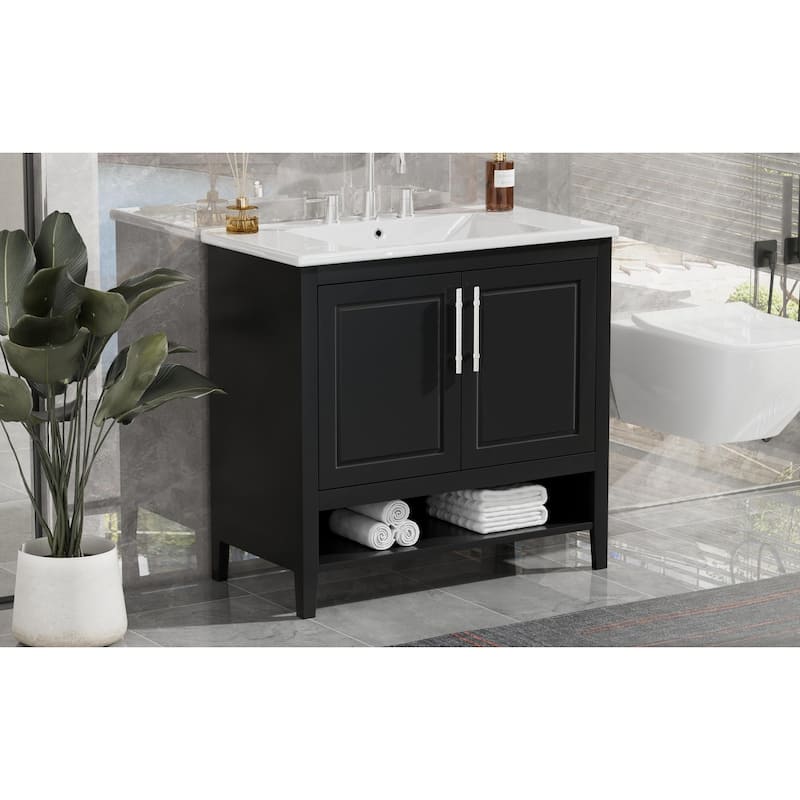 GDFStudio - Everett Langley 36-Inch Modern Freestanding Bathroom Vanity with Ceramic Sink - 36"