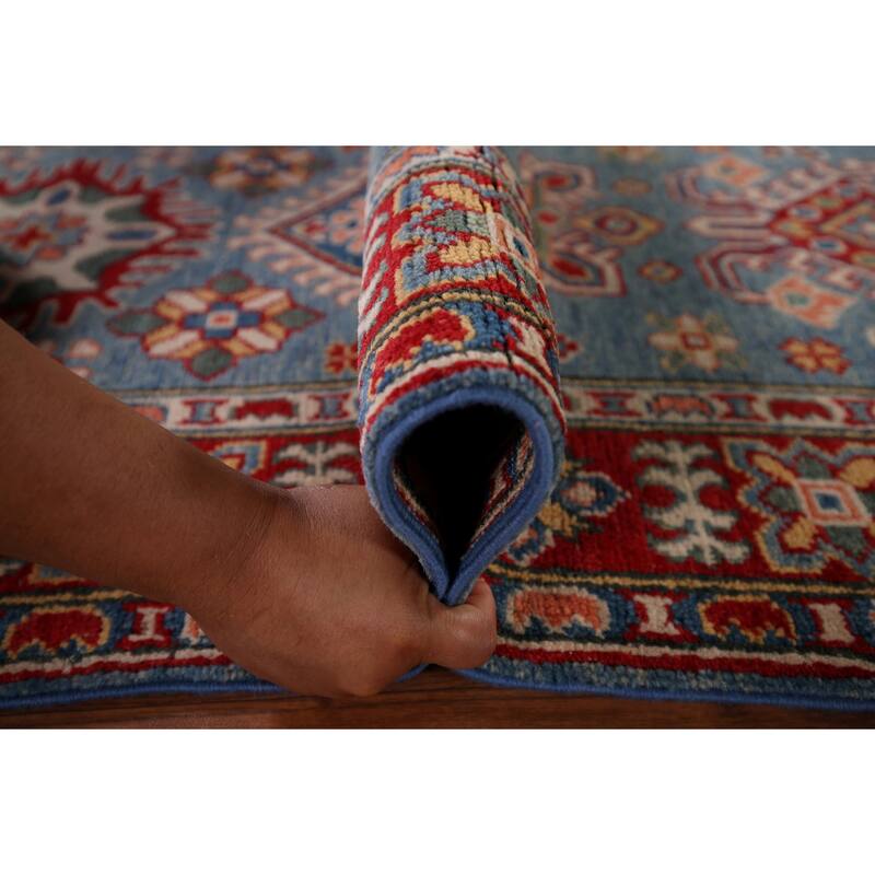 Blue Geometric Kazak Oriental Runner Rug Handmade Wool Carpet - 2'8" x 9'9"