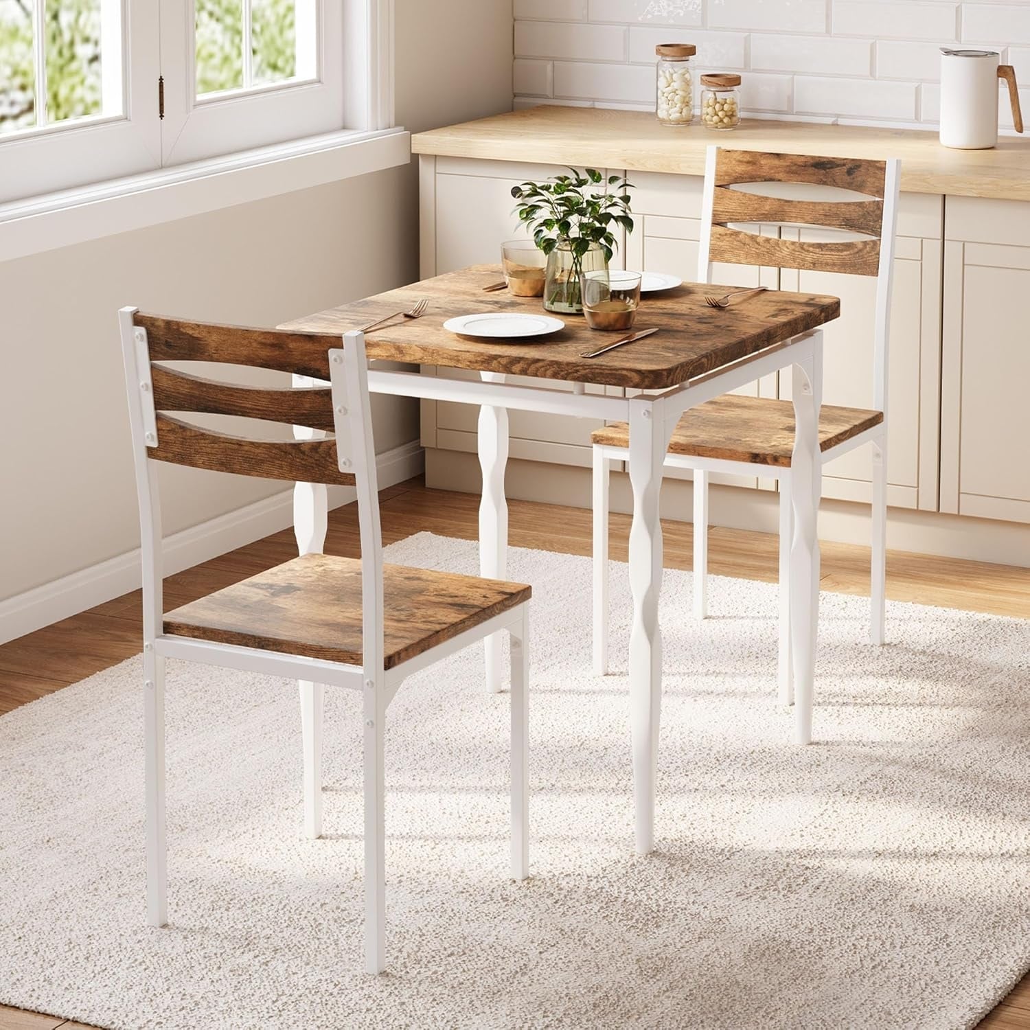 Compact 3-Piece Dining Table Set for 2 with Spiral Legs, Space-Saving Kitchen Table and Chairs in White Brown