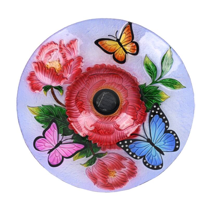 21" Red & Blue Butterflies Peonies Outdoor Glass Solar Bird Bath St&