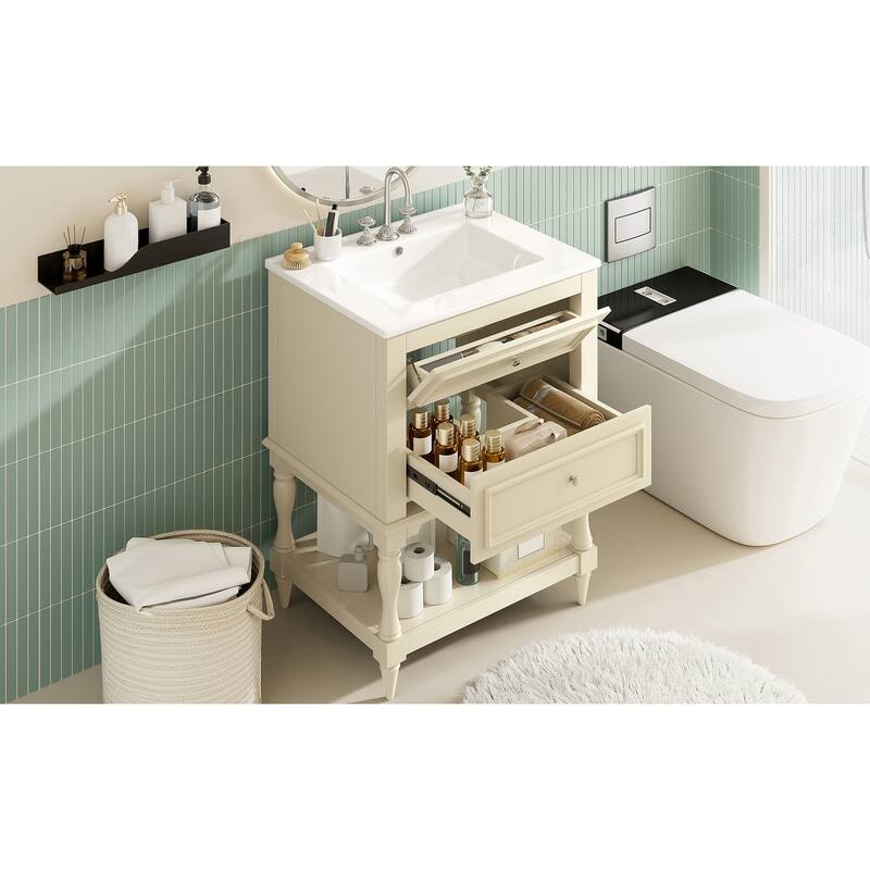 24" Bathroom Vanity with Ceramic Sink, Bathroom Storage Cabinet with Open Shelf, Retro Design Bathroom Cabinet with 2 Drawers