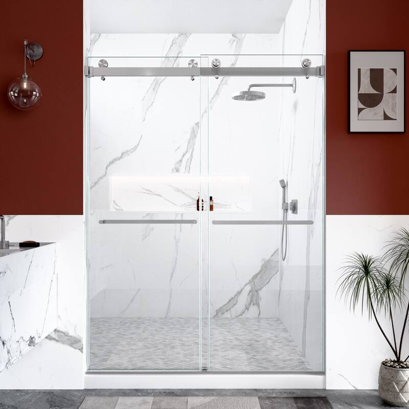GDFStudio - Modern Minimalist Frameless Double Sliding Shower Door with 3/8" SGCC Tempered Glass & Stainless Steel Hardware - 56"-60"W x 80"H - Brushed Nickel