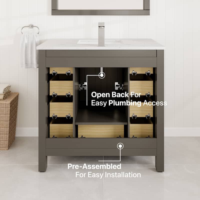 Eviva Hampton 36"W x 18"D Bath Vanity with Carrara Quartz Top