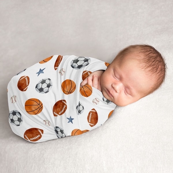 slide 2 of 6, Sweet Jojo Designs Sports Theme Boy Baby Swaddle Receiving Blanket Watercolor Vintage Soccer Balls Football Baseball Blue Stars