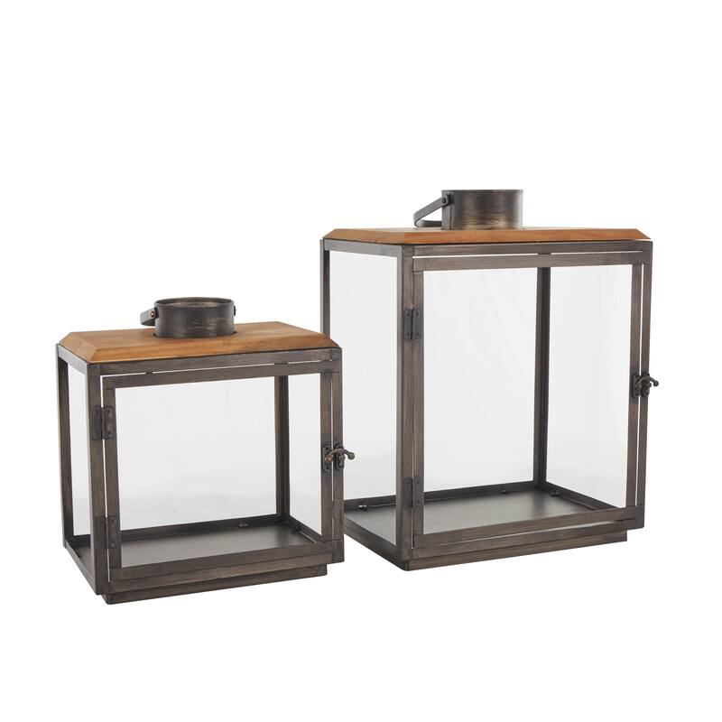 Dark Gray Metal Brushed Rectangular Indoor Outdoor Candle Lantern with Brown Wood Tops (Set of 2)