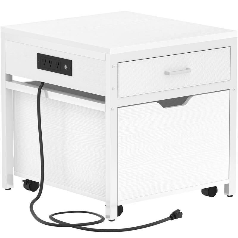 Mini Fridge Stand with Charge Station, Side/ End Table with Storage Drawers and Rolling Cabinet