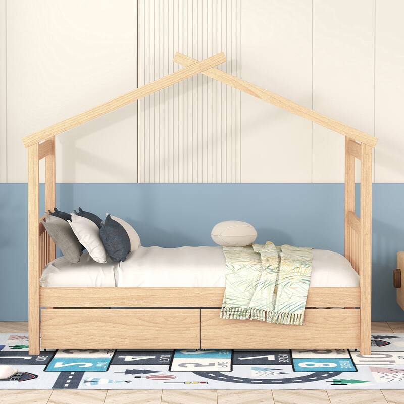 Wooden Twin/Full Size House Bed with 2 Drawers, Solid Pinewood Creativity House Shaped Sofa Bed Frame with Roof Design - Natural - Twin