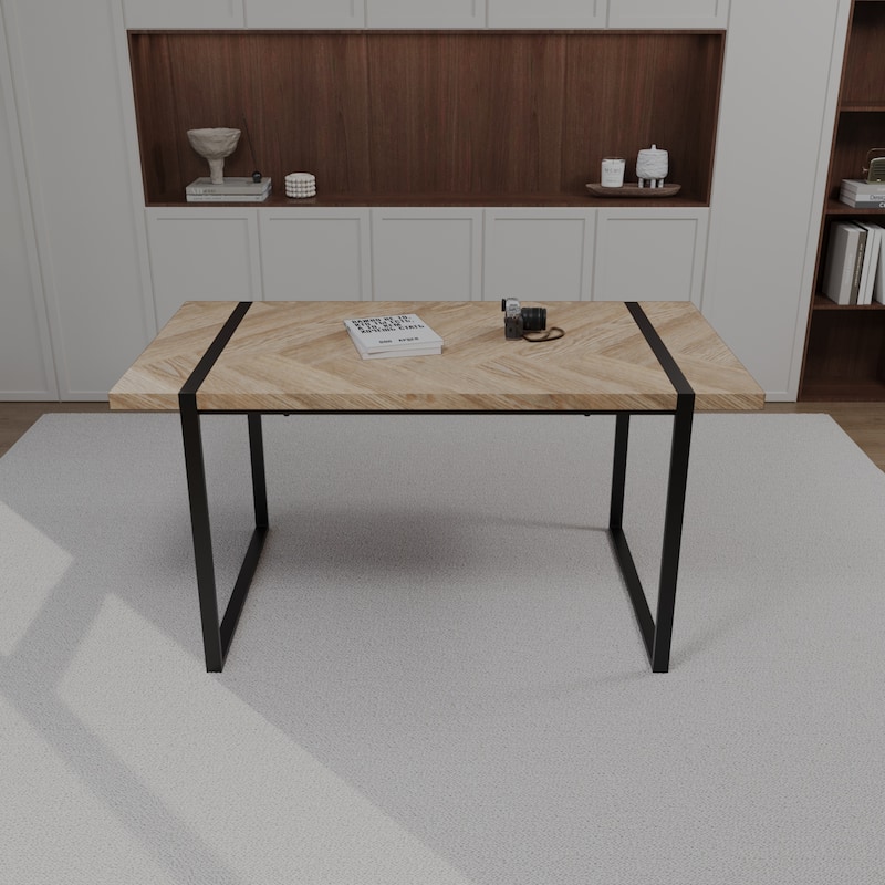 59 " dining table modern industrial rectangular, 1.5" thick engineering wood tabletop and rectangular metal legs