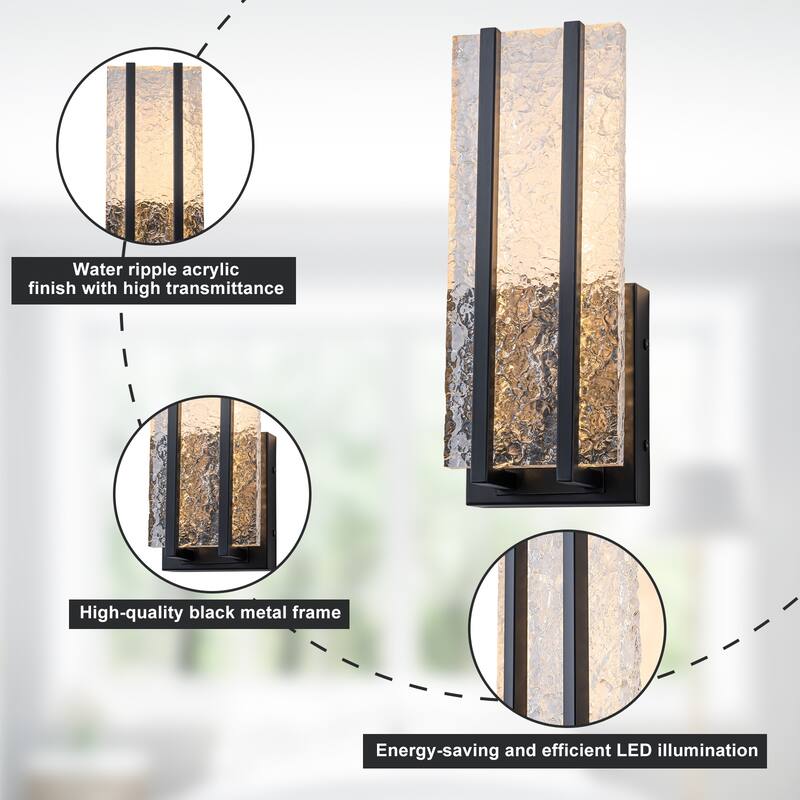 Black Metal Rectangular Water Pattern LED Dimmable Wall Sconce
