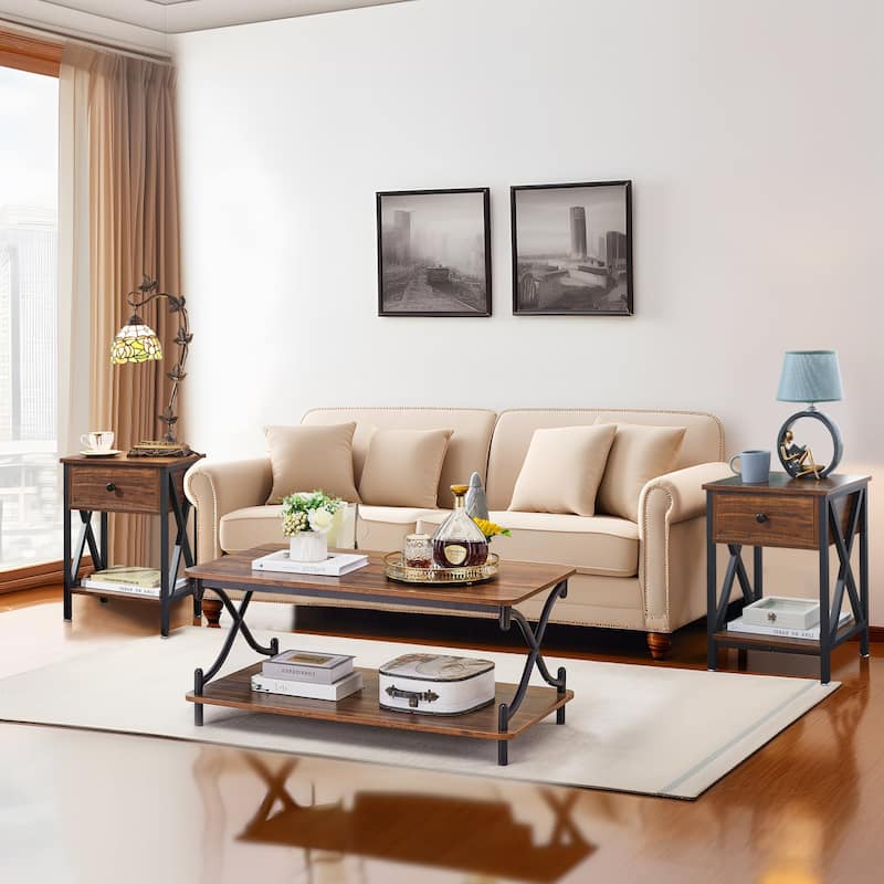 VECELO 3-piece Coffee Table Set with Shelf, Coffee Table with Set of 2 Nightstands