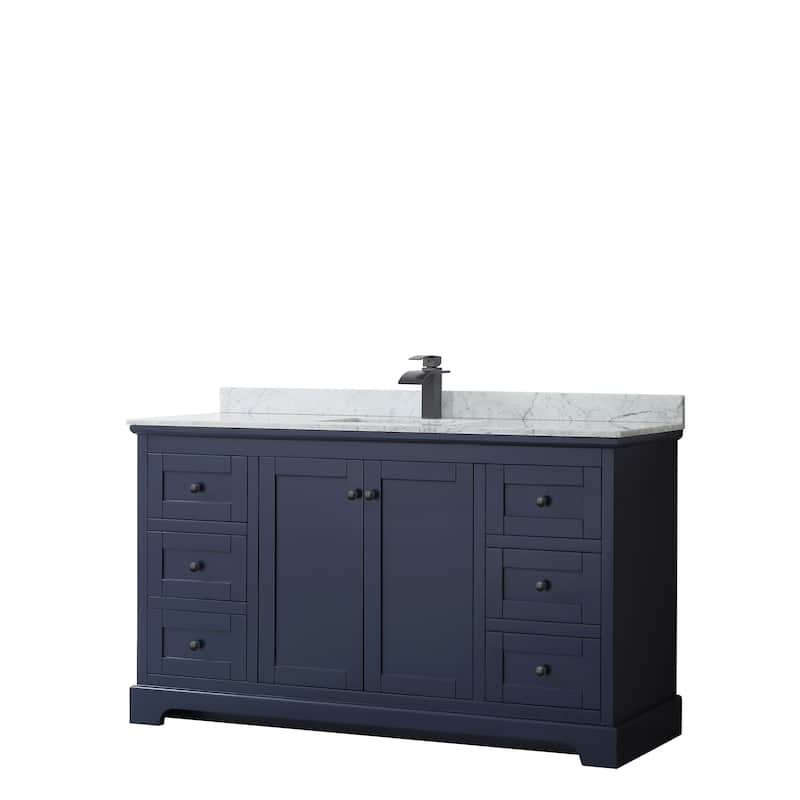 Avery 60-inch Single Vanity, Marble Top, Square Sink, No Mirror - Dark Blue, Black Trim, White Carrara Marble Top