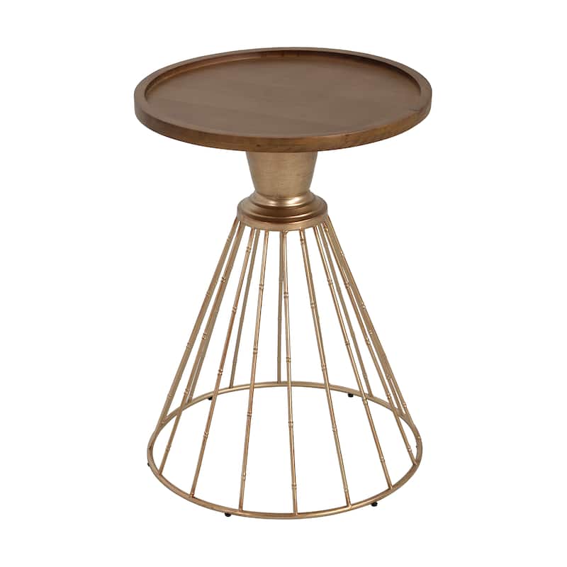 Vintage Hollow-Edge Pine Side Table – Antique Gold & Natural Wood Finish, Retro Art Deco Design