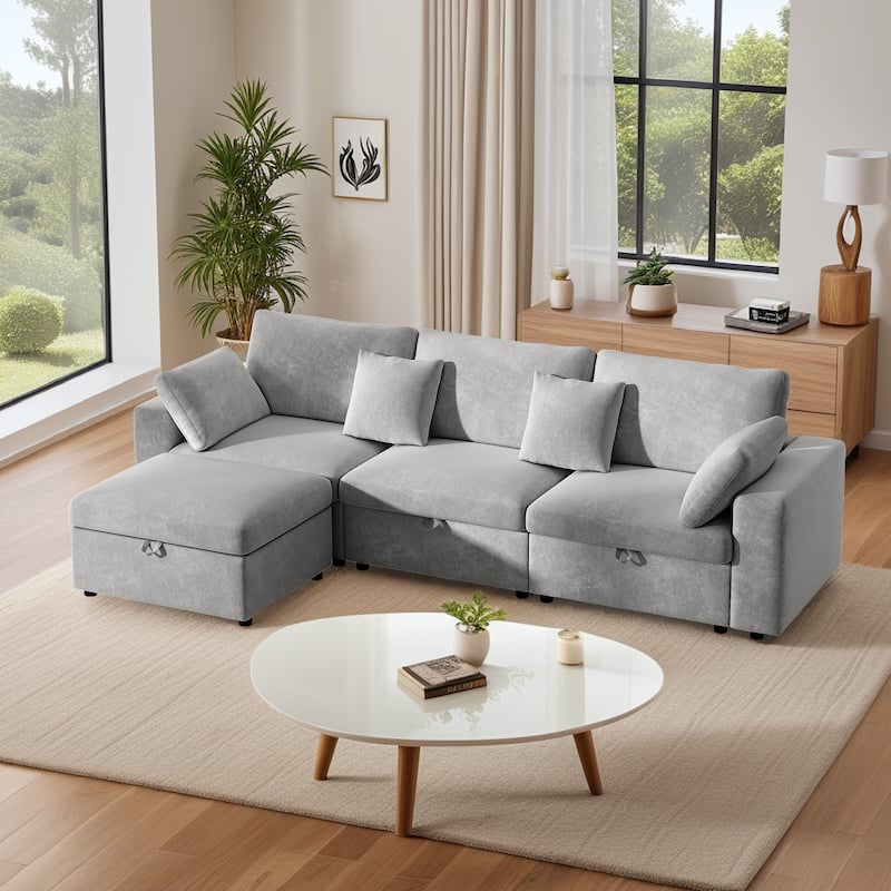 Velvet Upholstered Modular Deep Seating Couches L-shaped Chaise Sectional Sofa with Side Pockets, Storage Ottoman and Seat - Grey