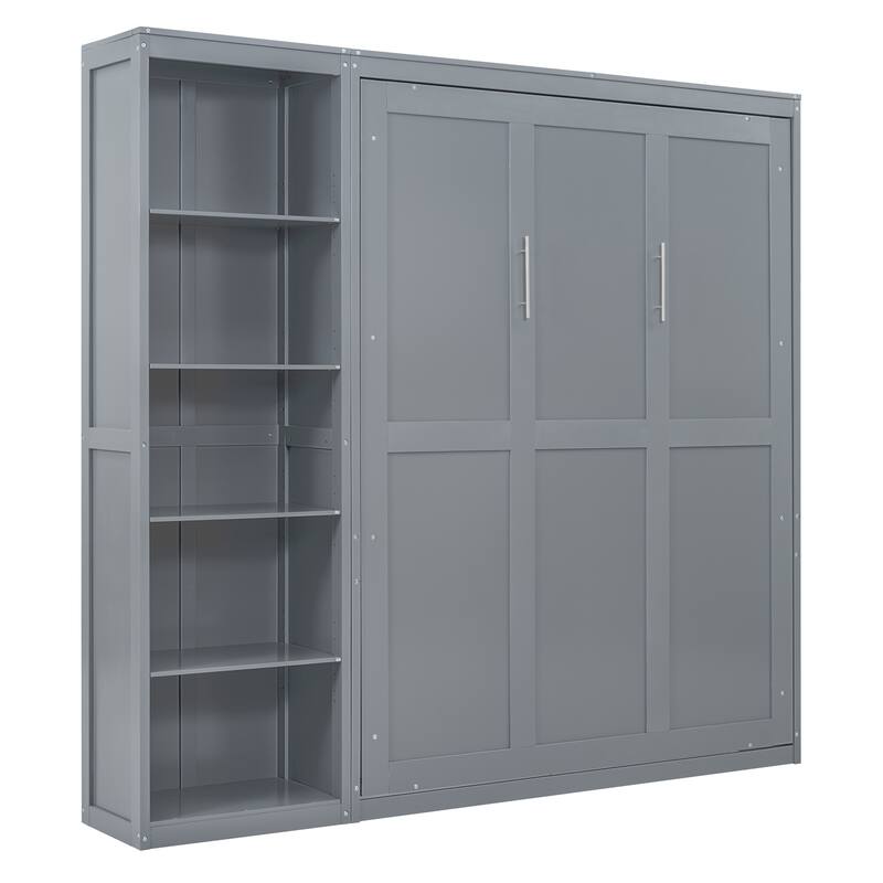 Space Saving Murphy Bed Wall Bed with 5 Layer Storage Shelves, Wood Foldable Platform Bed Frame, No Box Spring Needed