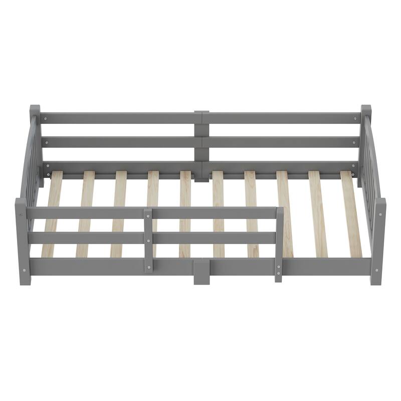 Solid Wood Floor Bed Montessori Bed with Safety Guardrails Without Door