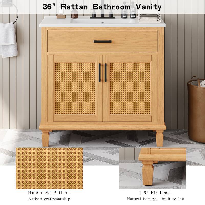 36"Bathroom Vanity with Ceramic Sink,Bathroom Cabinet with 2 Soft Close Doors and 3 Drawers,Free-standing Vanity with Wood Legs