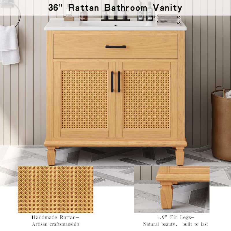 36"Bathroom Vanity with Sink, 2 Soft Close Doors and 3 Drawers, Free-standing Vanity with Wood Legs and Large Storage