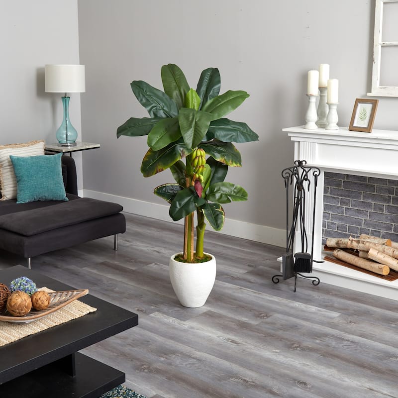 Faux Banana Tree 5ft with Planter - Tropical Decor, Realistic Artificial Plant, Indoor Outdoor Accent - Green