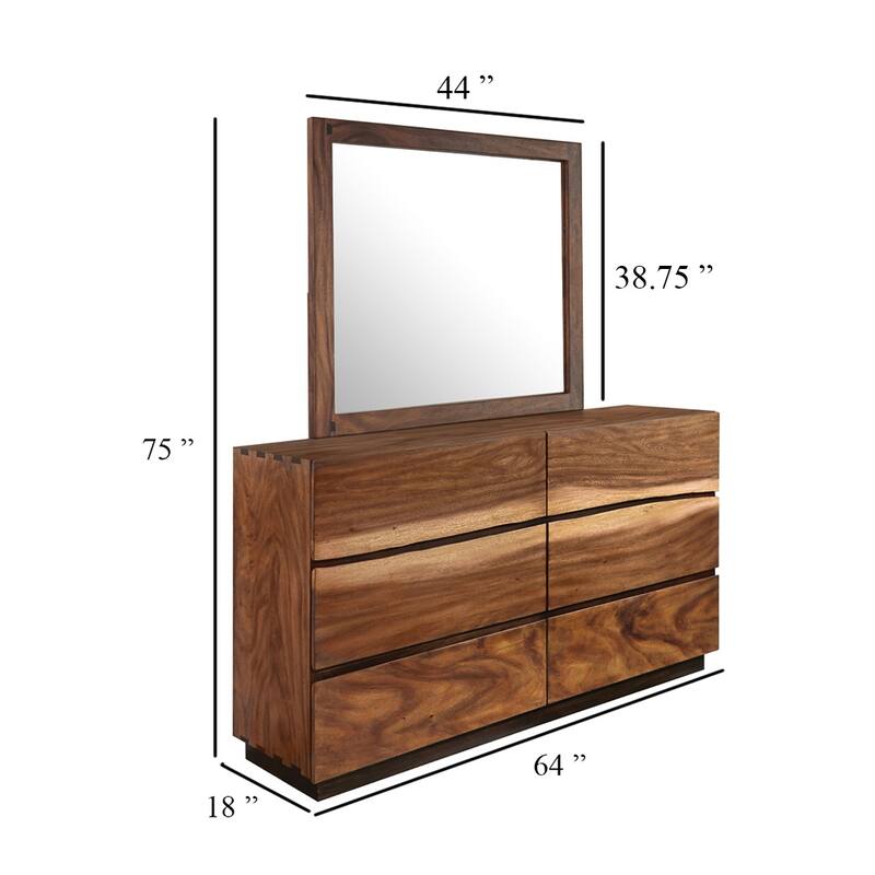 Zeko Wide Dresser with Mirror, 6 Drawers, Smokey Walnut Brown Wood