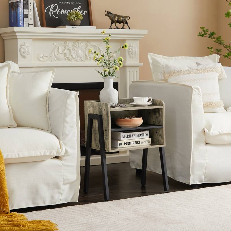 VECELO Gray Mid-Century Modern 3-Tier Stackable Nightstand Set of 1/2 Nightstands with Metal Frame for Bedroom Living Room