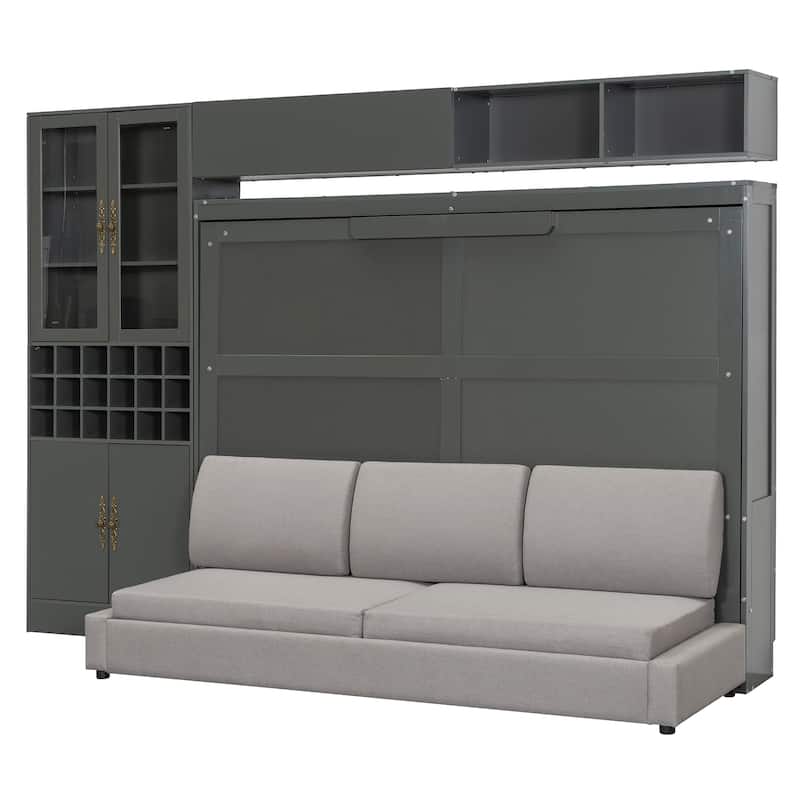 Queen Size MDF Murphy Bed with Sofa, Shelves and USB Charging Station
