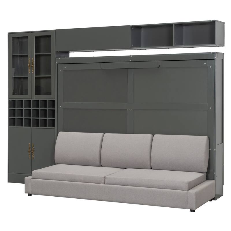 Roomfitters Full/Queen Size Murphy Bed Wall Bed with Sofa, Storage Shelves, USB Ports and Lighting