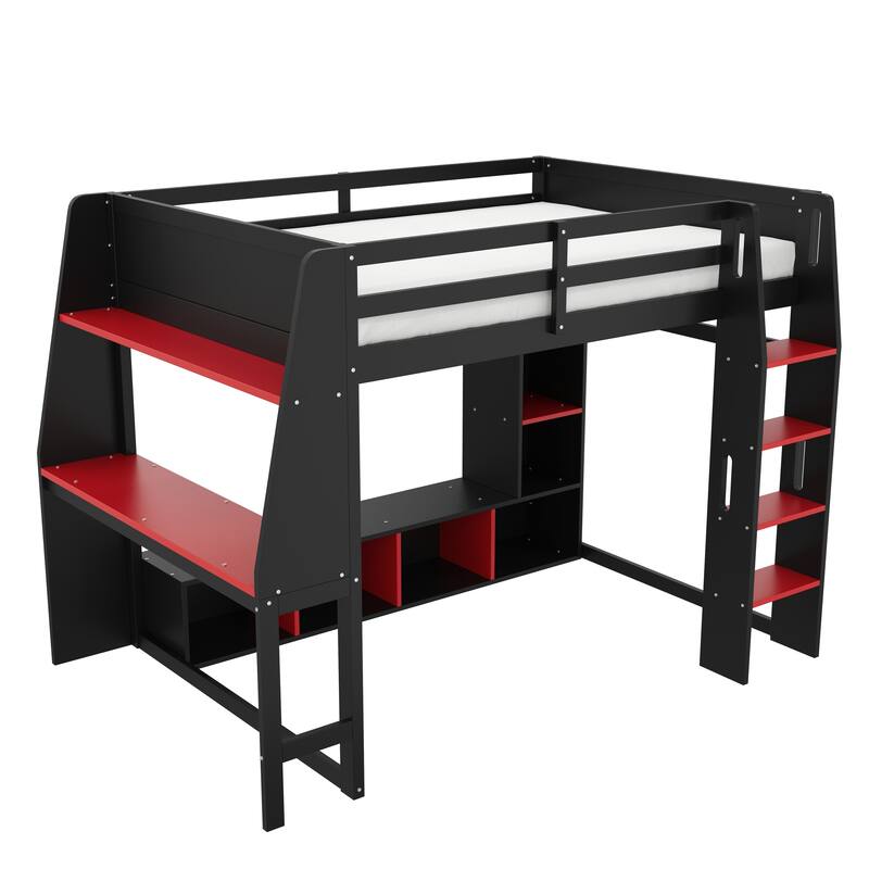 Gaming Loft Bed Teen Bed Frame with Desk Multi-storage Shelves Hanging Clothes Rack Space Saving LED Workstation Loft Bed