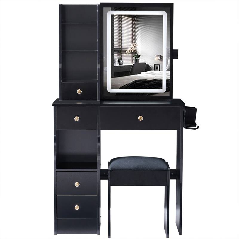 29.2" Small Size Left Drawer Desktop Vanity Table + Cushioned Stool, 2 AC+2 USB Power Station, Hair dryer bracket