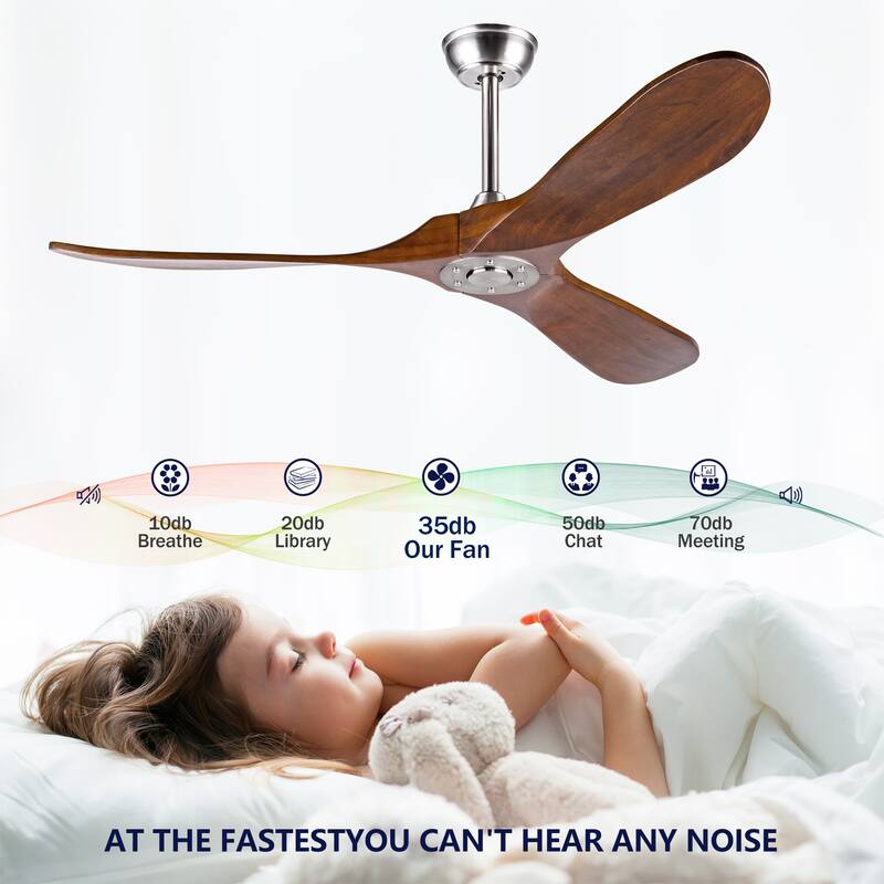 52" Solid Wood Ceiling Fan, Outdoor, 3 Blade, No Light, for Patio Living Room Bedroom Porch, Remote Control, Water Resistant